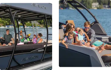 Two images: Left, a family of four and an elderly couple are seated on pontoons named "Avalon," enjoying a meal. Right, a family of five, including two young children, relaxes together on another pontoon boat named "Avalon," with a scenic lake backdrop.