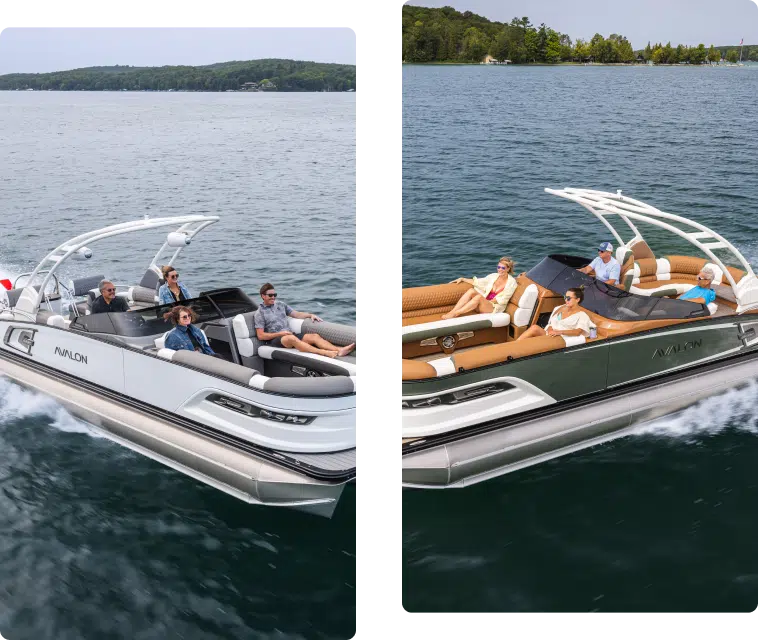 Two pontoon boats speeding on a lake, each with a group of people enjoying the ride. Both boats feature a sleek design and comfortable seating. The lake is surrounded by a lush, tree-lined shoreline under a clear sky—perfect for those searching for pontoons near me.
