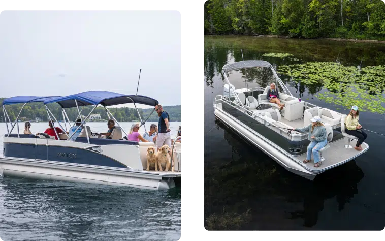Two images of pontoon boats on a lake with people enjoying their time. The left image shows a larger boat with blue canopies and multiple people, including a dog. The right image shows a smaller boat with three people relaxing, some fishing, surrounded by greenery and water plants—perfect examples of pontoons near me.