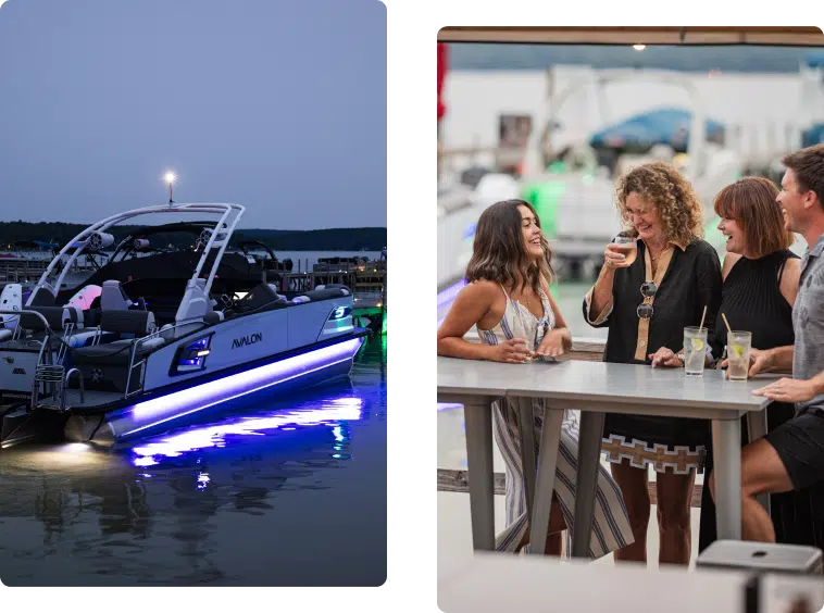 Left image: A sleek, illuminated boat docked on a calm evening with blue accent lights glowing. Right image: Four people, three women and a man, standing around a high table, smiling and enjoying drinks outdoors near waterfront pontoons.
