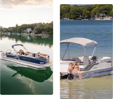 Two images of boats on a lake. On the left, a pontoon boat with people onboard glides across calm water. On the right, two people stand in the shallow water beside another pontoon boat while one person sits on the edge with their feet in the water, echoing that familiar search for "pontoons near me.