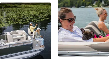 Left image: Three people are fishing from a docked pontoon boat near lily pads on a calm lake. Right image: Two people are sitting and smiling on a pontoon boat, with one person holding a small French Bulldog in their lap—pontoons near me make such moments possible.