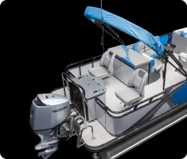 A pontoon boat with blue accents is shown from the rear side. It has seating with blue and gray cushions, a Honda outboard motor, and a canopy overhead. A metal railing and ladder are attached at the back for access to the water. Perfect for those searching for pontoons near me!