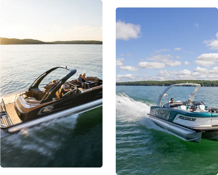 Two images side by side: the left shows a luxury pontoon boat with people relaxing on a serene lake during sunset; the right displays a similar boat speeding on a sunny lake, creating waves. Both boats, among the best fishing pontoons available, feature sleek designs and modern amenities.