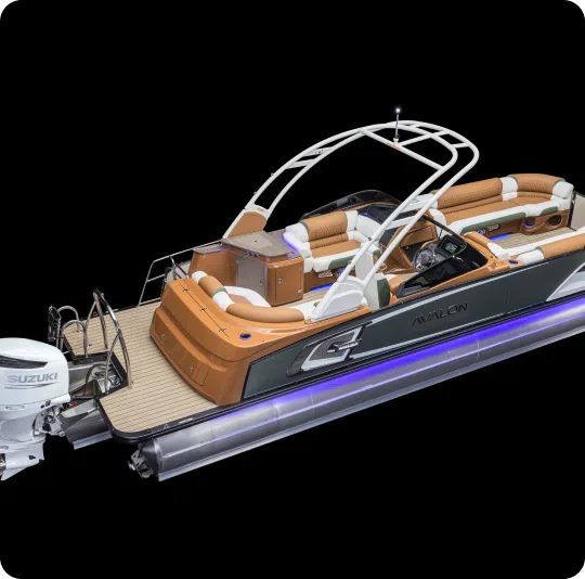 A luxurious pontoon boat with a sleek design, featuring tan and white cushioned seating, a curved frame, and a Suzuki outboard motor. The boat's exterior is a combination of dark green and gray, accented by blue LED lights along the base. Visit our expert pontoons dealer for more details!