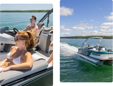 Left image: A woman in a white bikini and sunglasses sitting and smiling on a boat under sunny weather, while a man behind her steers the boat. Right image: A group of people on a speeding boat from a pontoons dealer sailing across a clear blue lake with a green shoreline and blue sky.