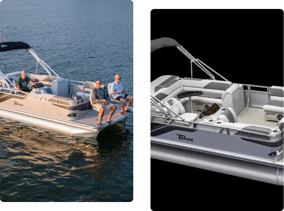 Two images show a gray pontoon boat named "Tahoe." In the first image, three people are sitting and standing on the boat in the water, enjoying a sunny day with various pontoon accessories. The second image is a close-up view of the boat's seating and layout, highlighting its spacious interior.