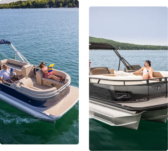 Two images of used pontoons on a lake. The left image shows four people relaxing on a beige and white pontoon boat, with a child holding a toy. The right image features a man lounging on the deck of a black and white pontoon boat, with lush green trees in the background.