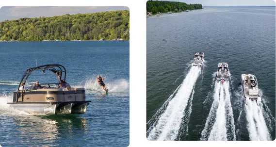 Two side-by-side images: the left shows a person wakeboarding behind used pontoons on a scenic lake lined with trees; the right image displays an aerial view of three speedboats racing on a vast, calm lake.