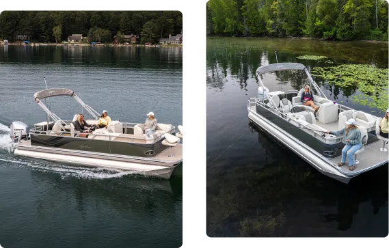 Two images of a pontoon boat on a lake. The left image shows the boat with a canopy, seating several people. The right image highlights the boat from above, showcasing cushioned seating and a table—key pontoon accessories—with three people on board amidst a lush, green shoreline.