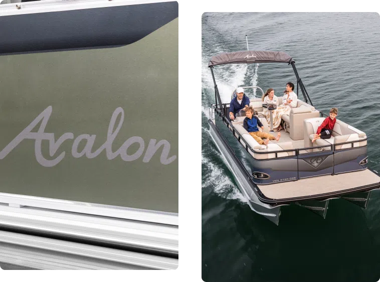 Left image shows a close-up view of a boat with the brand name "Avalon" visible on the exterior. Right image depicts a group of six people enjoying a ride on an Avalon pontoon boat in calm waters. The boat has a canopy, seating, and appears to be moving at a moderate speed—a perfect reason to buy pontoons.