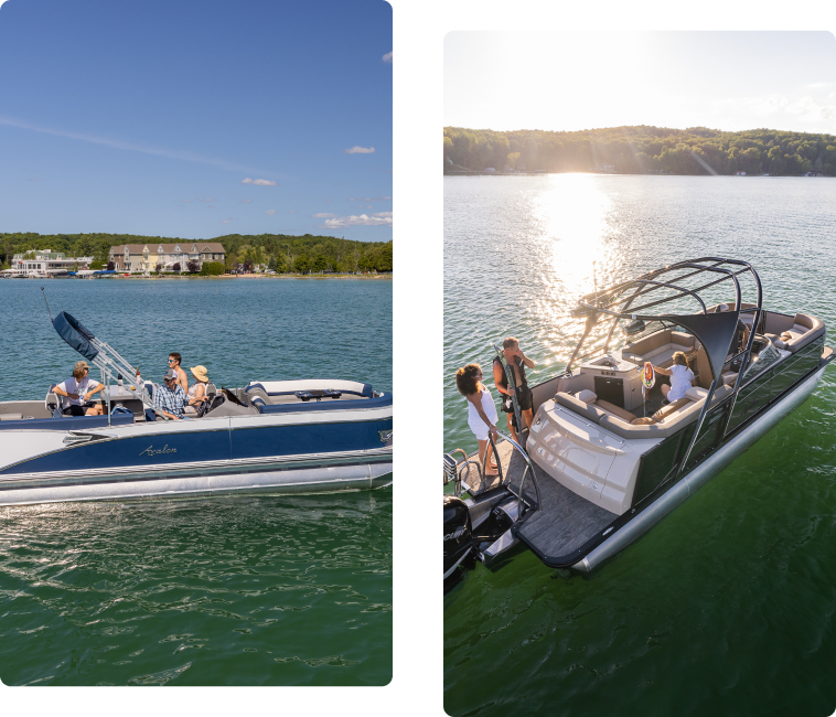 Two images side-by-side: The left image shows people on a blue speedboat near the shore on a sunny day. The right image shows people socializing on a black pontoon boat in the middle of a lake, with the sun setting and reflecting on the water. For moments like these, buy pontoons and enjoy life afloat.