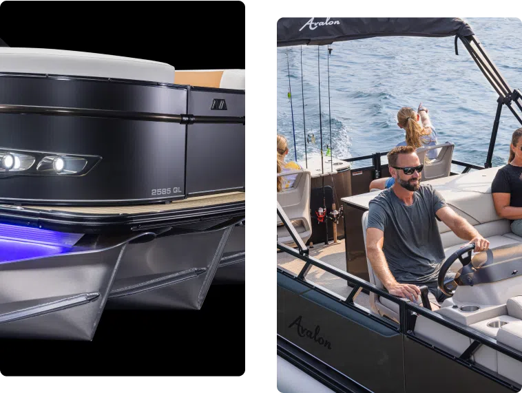 Two images: the left showing a close-up of a sleek, modern boat exterior at the front with LED lights; the right depicting three people on a boat, with one man steering, a woman holding a fishing rod, and a child sitting. For adventures like this, buy pontoons for unmatched stability on calm waters.