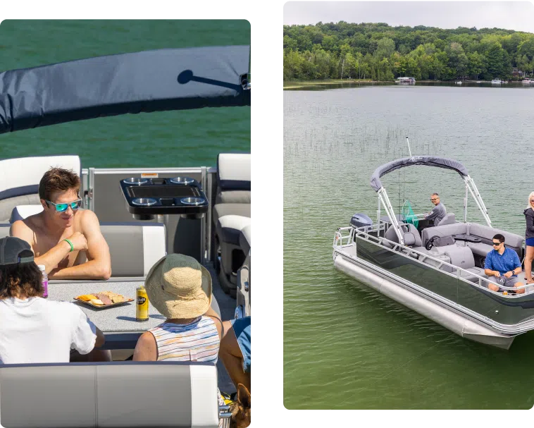 Two images of people on a boat. The left shows three friends enjoying snacks and drinks at a table. The right captures four people on a pontoon boat on a lake, with one person at the helm and others seated or standing, surrounded by lush greenery—a perfect scene to inspire you to buy pontoons.