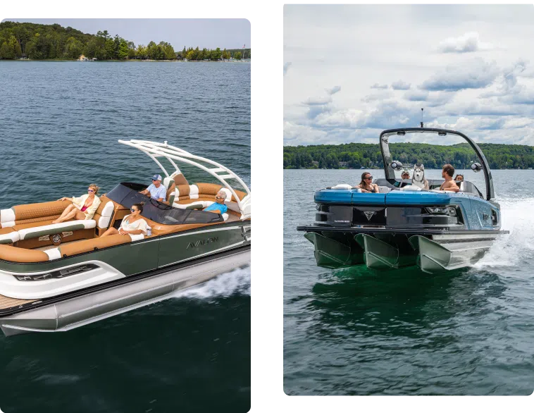 Two pontoon boats are pictured side by side on a lake. The boat on the left has a beige interior with several people relaxing onboard, and it features a white canopy. The boat on the right shows a darker-colored exterior with people enjoying a ride under a partly cloudy sky. It's the perfect scene to make you want to buy pontoons.