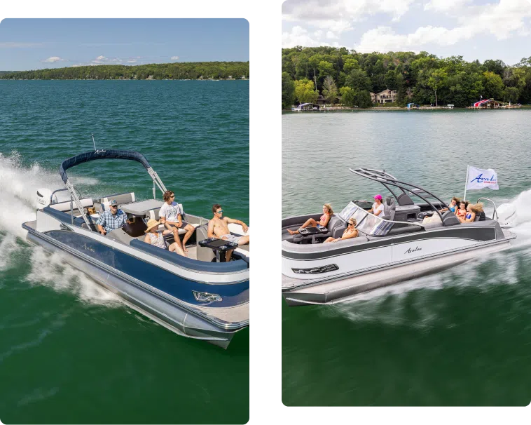 Two images of pontoon boats speeding on a lake. The left shows a navy blue boat with several people, including one steering, and the right shows a white boat with several people under a black canopy. Both boats are moving swiftly, creating waves in their wake. Ready to buy pontoons for your next adventure?