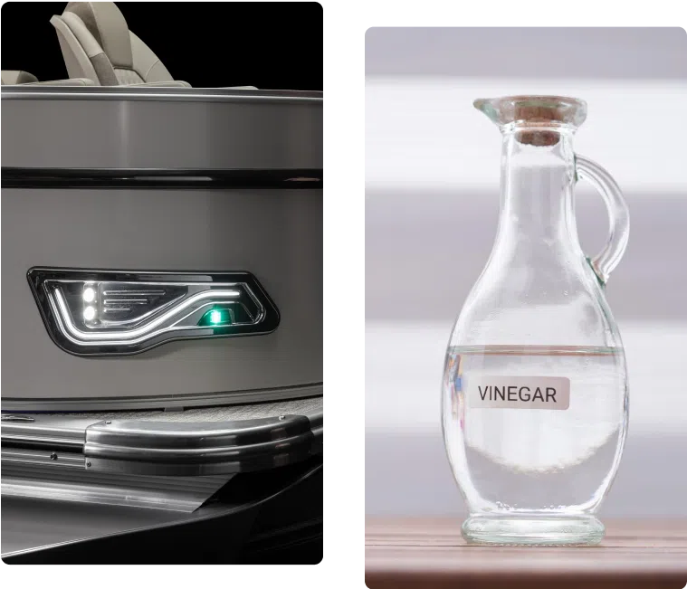 A split image shows a close-up of a car's rear LED light on the left and a clear glass bottle labeled "Vinegar" on the right, placed on a wooden surface, reminiscent of sleek aluminum pontoons gliding effortlessly through water.