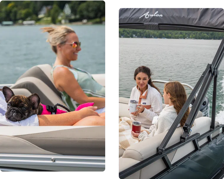 Two images of people relaxing on a boat. Left: A person lounging on a boat seat with a French Bulldog in a pink harness. Right: Two people sitting and talking on a boat, holding drinks while wrapped in a blanket. Both are on aluminum pontoons, gliding through a calm lake with trees in the background.