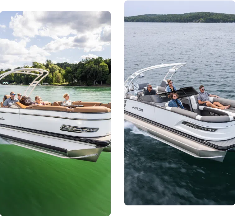 Two side-by-side images of a white pontoon boat named Avalon, gliding on calm, green water. The boat features a curved canopy, padded seating, and is occupied by five people enjoying the ride. With aluminum pontoons providing stability, the lush, forested shoreline forms a picturesque backdrop under a partly cloudy sky.