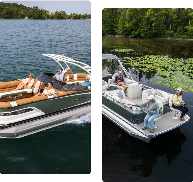 Two images of a pontoon boat with sleek aluminum pontoons on a lake surrounded by trees. The left image shows several people lounging and cruising on the boat, while the right image captures a group fishing near a shore adorned with lily pads.