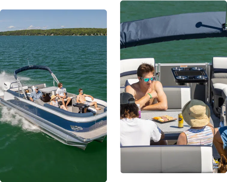 Left image: A pontoon boat with five people cruising on a lake under clear skies, its aluminum pontoons glistening in the sun. Right image: Four people on a pontoon boat enjoying a meal and drinks at a table, with one person wearing a hat and another wearing sunglasses.