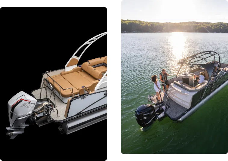 The image shows a luxury pontoon boat. On the left, a close-up reveals brown cushioned seats, a white Yamaha outboard motor, and a curved railing. On the right, the boat sits on a lake with several people standing and sitting, enjoying the sunset—a perfect scene that might make you wonder about the pontoon boat price.