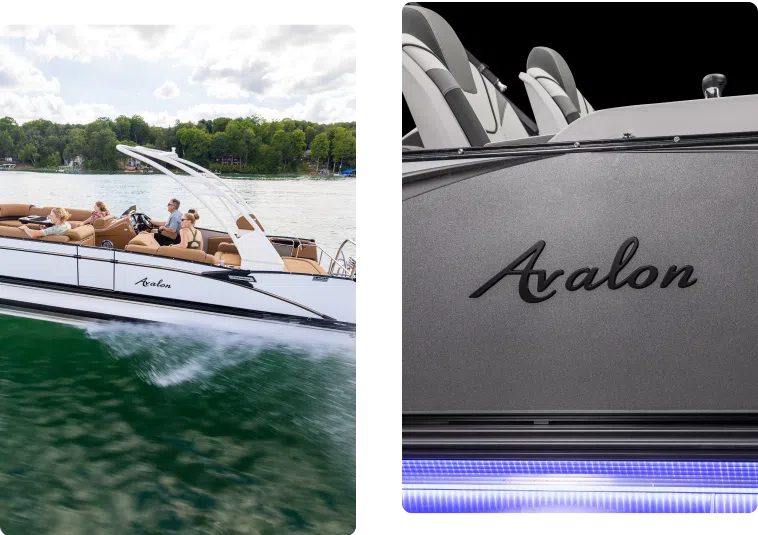 On the left, two people relax on a white and tan Avalon pontoon boat cruising on a lake surrounded by greenery. On the right, a close-up of the boat shows the "Avalon" logo and a strip of blue LED lights below it, exemplifying luxury that justifies its pontoon boat price.