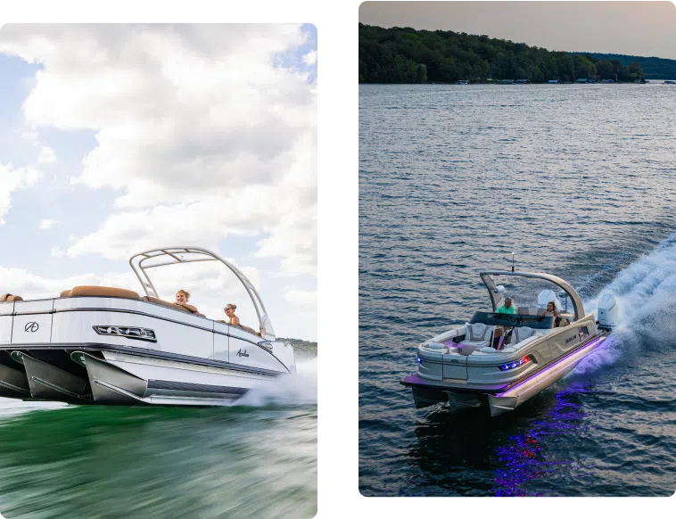 Side-by-side images of two sleek pontoon boats cruising on a lake: the left boat cuts through green water beneath a partly cloudy sky, while the right boat speeds across calm water at dawn with illuminated lights beneath. Hills and trees line the background, showcasing luxury beyond pontoon boat price debates.