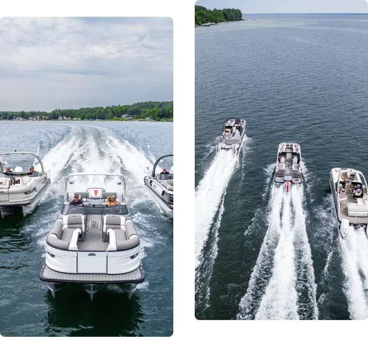 Side-by-side images of pontoon boats on a lake. The left image shows three boats from the rear, leaving trails in the water, with a forested shoreline in the background. The right image displays an aerial view of the same three boats speeding across the lake, highlighting their performance and pontoon boat price worthiness.