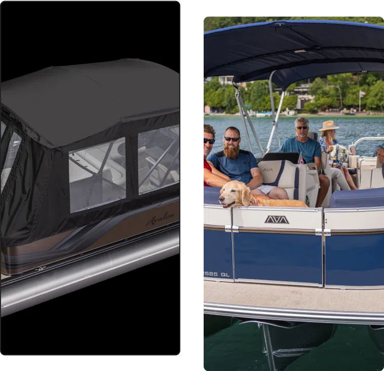 On the left, a covered pontoon boat with windows is shown against a black background. On the right, an uncovered pontoon boat on the water has three people sitting inside with a dog. The people are smiling and appear to be enjoying their time on the boat, pondering if the pontoon boat price was worth it.