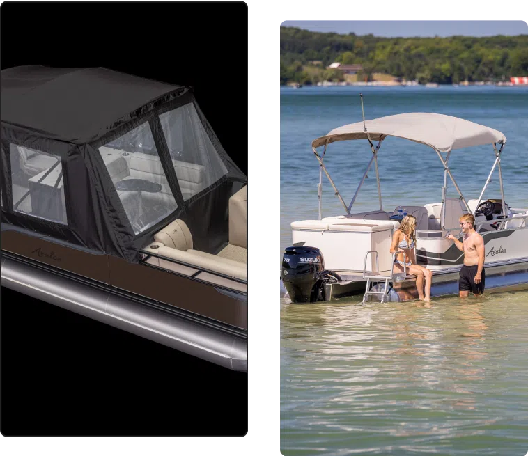 Left side: Close-up of a boat's interior with dark canvas enclosures and clear plastic windows. Right side: Two people enjoying a sunny day on a small boat in shallow water. One person remains on the boat while the other steps into the water using a ladder, highlighting the affordable pontoon boat price.