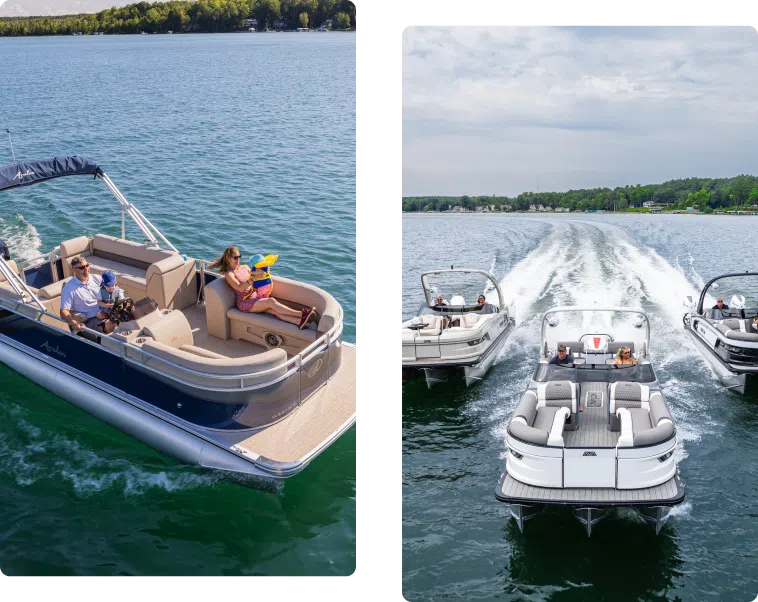 Two images of boats on a lake. The image on the left shows a family relaxing on a pontoon boat with a child holding a toy—making one ponder the pontoon boat price for such serene moments. The image on the right displays three speedboats moving at high speed, creating trails in the water behind them. Trees and shoreline are in the background.