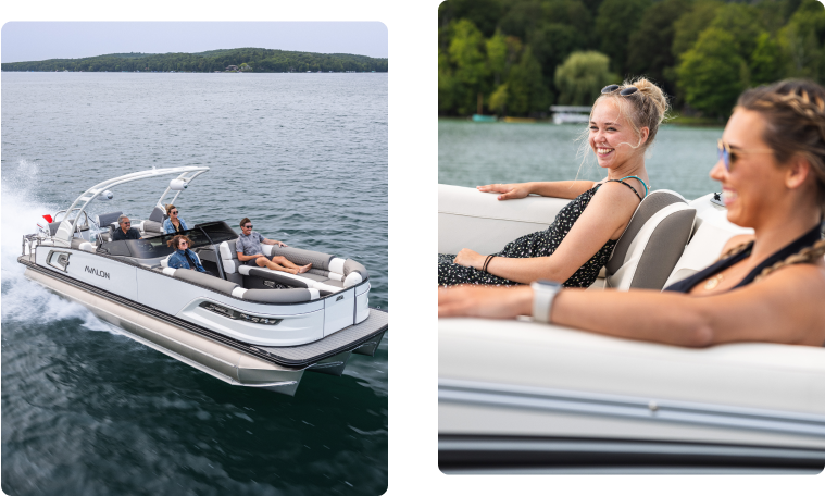 Left image: A group of people enjoy a sunny day on a luxurious pontoon boat speeding across the water. Right image: Two women smile and relax on the comfortable white seating of the pontoon boat, with a scenic lakeside view in the background. Interested? Check out our new pontoon boat sales today!