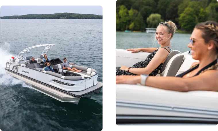 Left image: A group of people enjoy a sunny day on a luxurious pontoon boat speeding across the water. Right image: Two women smile and relax on the comfortable white seating of the pontoon boat, with a scenic lakeside view in the background. Interested? Check out our new pontoon boat sales today!