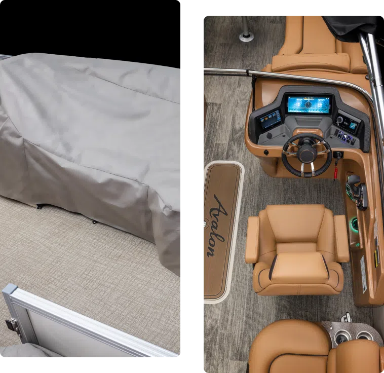 Side-by-side images show a covered object on a beige carpet on the left, and a detailed view of a boat's helm station with a steering wheel, dashboard, and captain's chair in tan leather on the right. A mat labeled "Avalon" is visible in front of the helm, highlighting new pontoon boat sales.