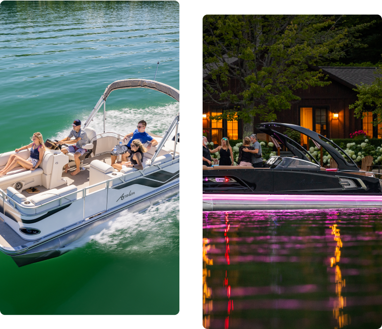 Left Image: A group of five people enjoying a ride on a white Avalon pontoon boat in clear green water under a sunny sky. Right Image: A black boat with neon pink lighting docked near a waterfront house at night, with several people conversing on the shore, showcasing new pontoon boat sales in action.