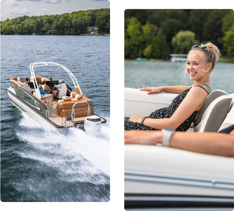 Left image: A group enjoys a ride on a sleek motorboat speeding across a lake surrounded by lush trees. Right image: A smiling woman wearing a black dress with white dots relaxes on a boat seat, contemplating the cost of a pontoon boat while looking out at the water on a clear day.