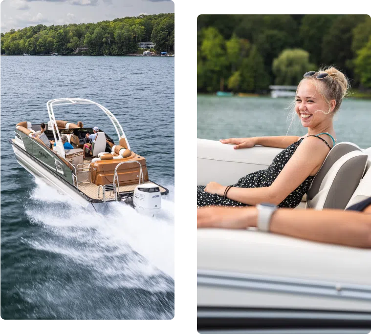 Left image: A group enjoys a ride on a sleek motorboat speeding across a lake surrounded by lush trees. Right image: A smiling woman wearing a black dress with white dots relaxes on a boat seat, contemplating the cost of a pontoon boat while looking out at the water on a clear day.