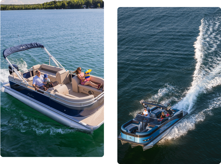 Two boats are pictured separately on a body of water. The left image shows a pontoon boat with three people relaxing on it, possibly pondering the cost of a pontoon boat. The right image shows a speedboat with three people enjoying a fast ride, creating a wake as it moves swiftly across the water.