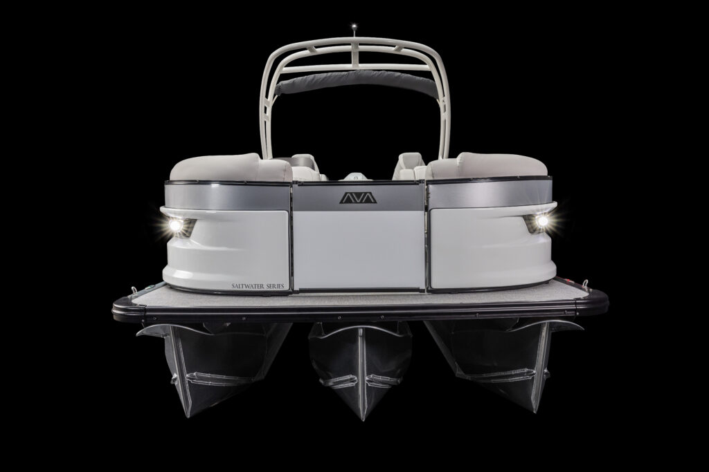 Front view of a white pontoon boat against a black background, featuring LED navigation lights. The boat has sleek, modern lines and a spacious seating area with a canopy. The brand logo is visible in the center.