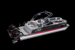 A sleek, modern pontoon boat with two powerful outboard engines labeled "450," featuring comfortable seating, a control console, and a stylish gray and red color scheme. The boat is isolated on a black background.