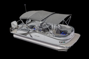 A luxury pontoon boat with a sleek design, featuring a gray canopy, comfortable seating, and blue LED lighting. The boat is set against a plain black background.