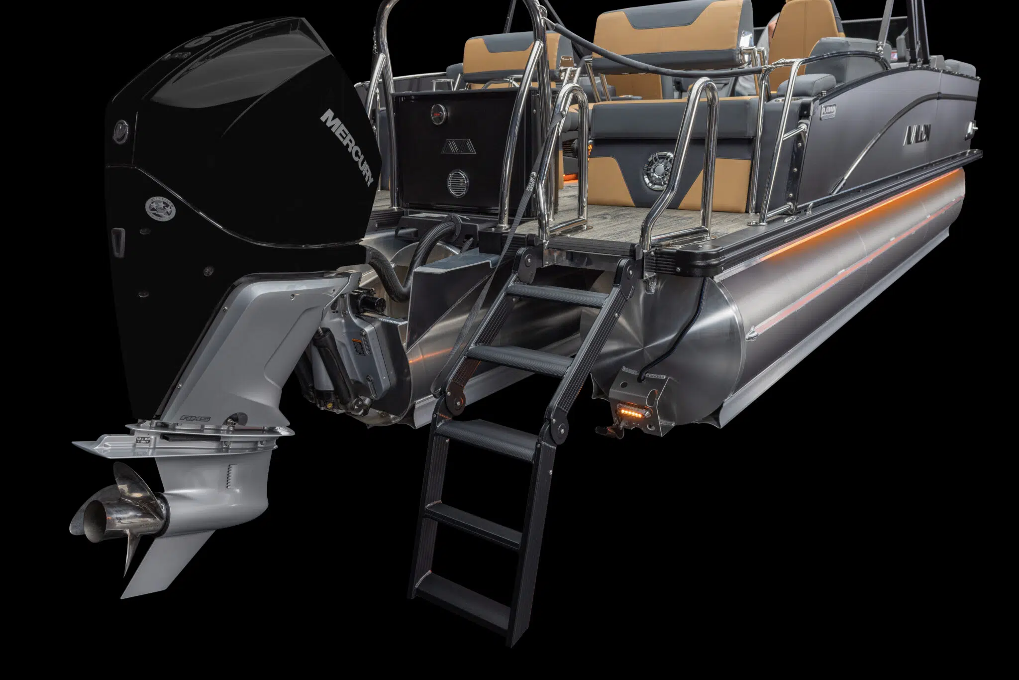 The Catalina Quad Lounger Shift Windshield is a pontoon boat equipped with a Mercury outboard motor, featuring tan seating, a black ladder, and illuminated steps. Its metal pontoons and intricately detailed design convey a modern and sleek look against the black background.