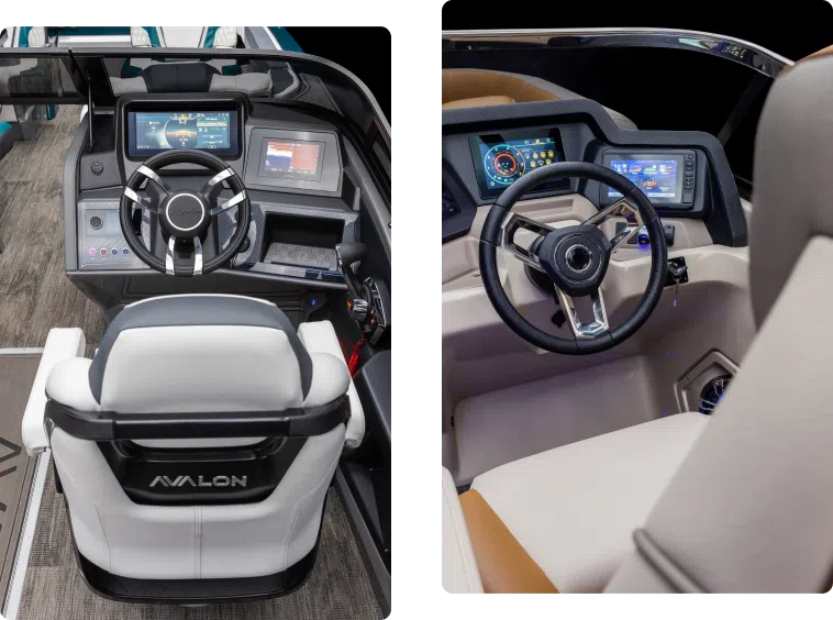 Two side-by-side images showcase the luxurious steering consoles of popular pontoon boat brands. The left features a dashboard with multiple screens and controls in a dark interior, while the right presents a similar setup in a light interior. Both boast a sleek steering wheel and comfortable seating.