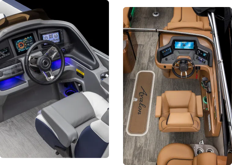 Side-by-side images of pontoon boat cockpit interiors. The left shows a steering wheel, digital displays, and blue ambient lighting. The right features a similar setup with tan seating and an "Avalon" mat on a wood-textured floor, highlighting one of the top pontoon boat brands.