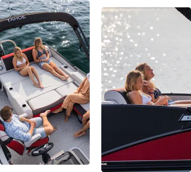 Two images of people relaxing on boats: On the left, four people are seated on a spacious pontoon boat deck with cushions. On the right, two individuals sit on a padded seat, enjoying the water view, all while mindful of pontoon boat weight for a smooth ride.