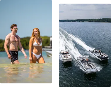 A man and woman enjoy walking in shallow water on the left, while three motorboats, including a sleek pontoon boat that boasts impressive weight capacity, speed across the water, leaving white trails. The background showcases a distant shoreline and lush greenery.