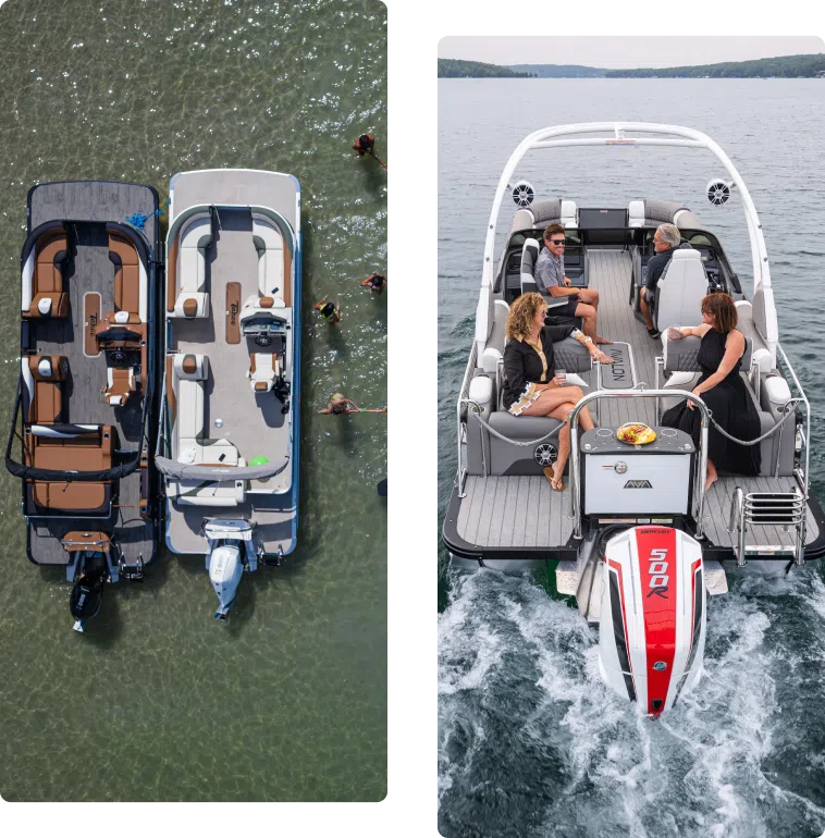 Two images of boats: The left shows two pontoons anchored in shallow water with people swimming nearby. The right highlights how the pontoon boat's weight is balanced perfectly as four people relax on it, powered by a strong outboard motor speeding across the lake.