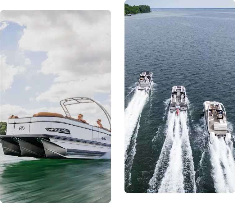 On the left, a pontoon boat glides gracefully across the water under a cloudy sky, its weight balanced perfectly. On the right, an overhead view showcases three motorboats speeding across a vast body of water, leaving white trails behind.