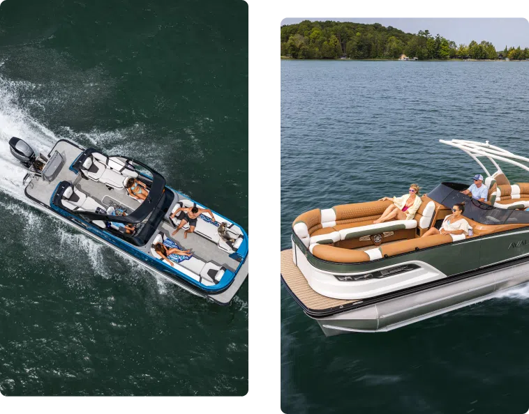 Two images of boats on water: On the left, a blue and white speedboat hosts sunbathers. On the right, a luxury pontoon with tan seating and three people relaxing shows off its impressive build, hinting at the pontoon boat's weight. Both are surrounded by greenish-blue water.